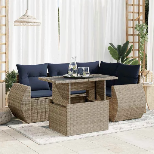 Conjunto Sofás de Jardim c/ Almofadões Acácia e Vime PE (5 pcs)
