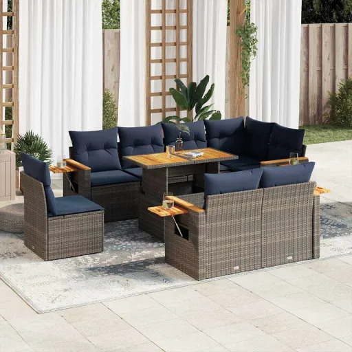 Conjunto Sofás Jardim Almofadões Vime PE/Acácia Cinzento (9 pcs)