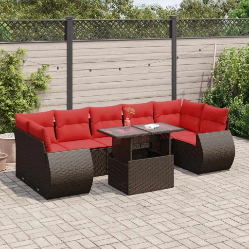 Conj. Sofás Jardim c/ Almofadões Vime PE/Acácia Castanho (8 pcs)