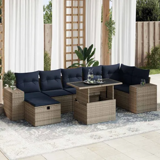 Conj. Sofás Jardim c/ Almofadões Vime PE/Acácia Castanho (8 pcs)