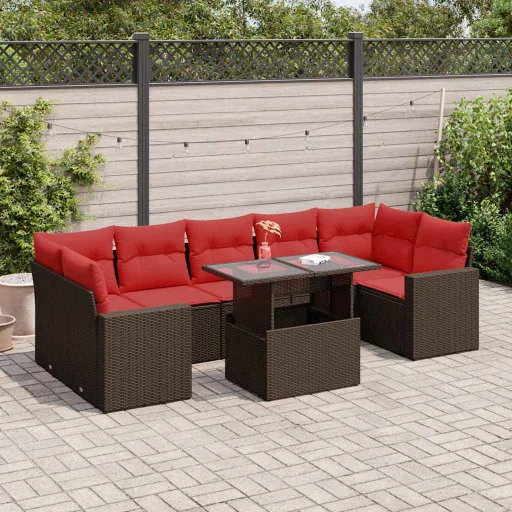 Conj. Sofás Jardim c/ Almofadões Vime PE/Acácia Castanho (8 pcs)