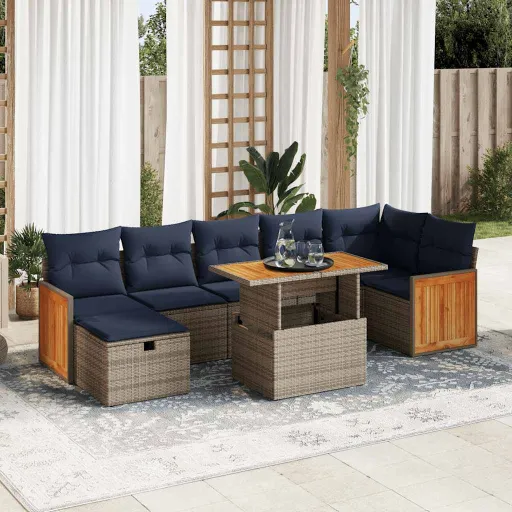 Conj. Sofás Jardim c/ Almofadões Vime PE/Acácia Cinzento (8 pcs)