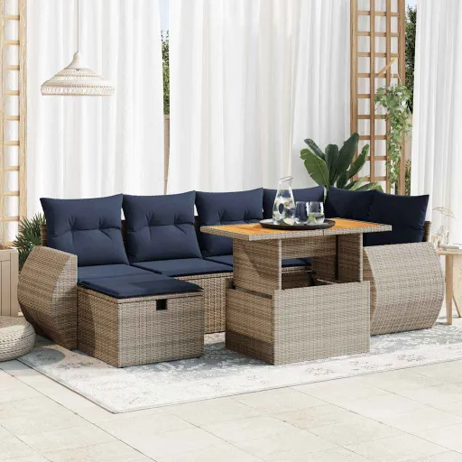 Conj. Sofás Jardim c/ Almofadões Vime PE/Acácia Castanho (7 pcs)