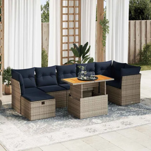 Conj. Sofás Jardim c/ Almofadões Vime PE/Acácia Castanho (8 pcs)