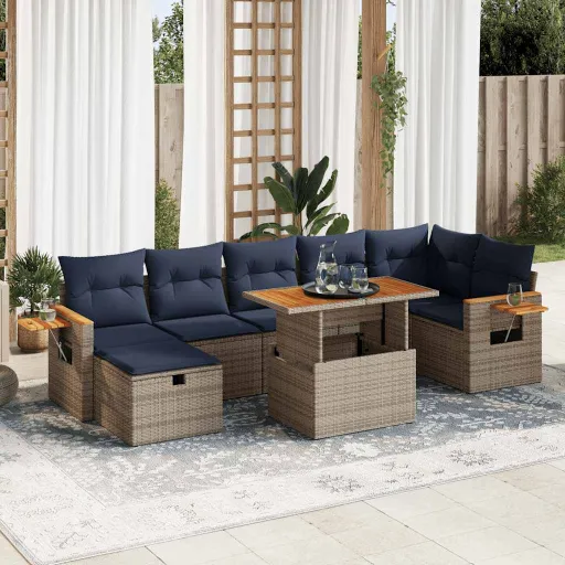 Conj. Sofás Jardim c/ Almofadões Vime PE/Acácia Cinzento (8 pcs)