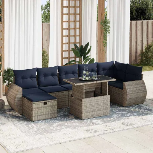 Conj. Sofás Jardim c/ Almofadões Vime PE/Acácia Cinzento (8 pcs)