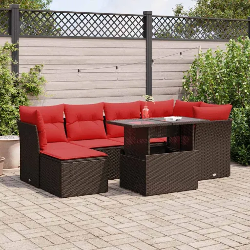Conj. Sofás Jardim c/ Almofadões Vime PE/Acácia Castanho (7 pcs)