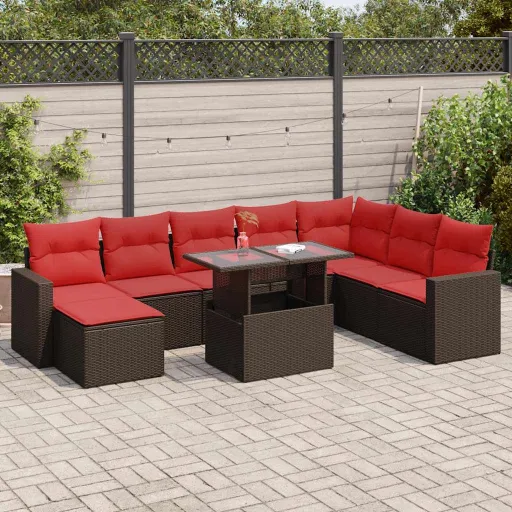 Conj. Sofás Jardim c/ Almofadões Vime PE/Acácia Castanho (9 pcs)