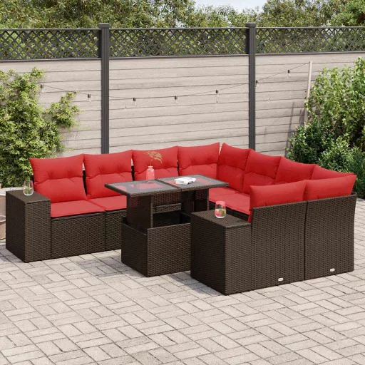 Conj. Sofás Jardim c/ Almofadões Vime PE/Acácia Castanho (9 pcs)