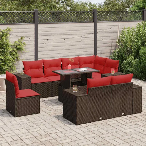 Conj. Sofás Jardim c/ Almofadões Vime PE/Acácia Castanho (9 pcs)