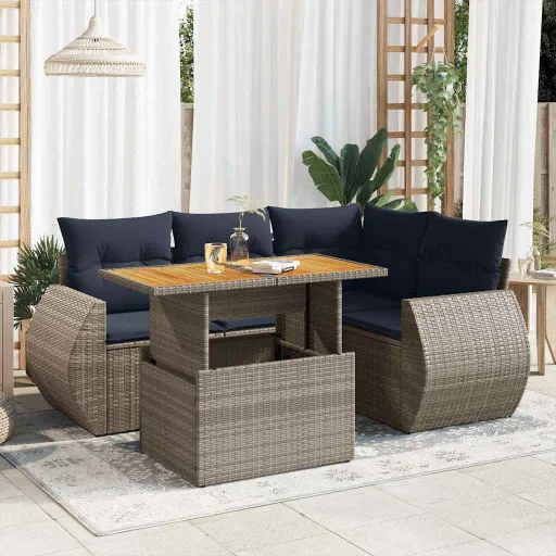 Conjunto Sofás de Jardim c/ Almofadões Vime PE Cinzento (5 pcs)