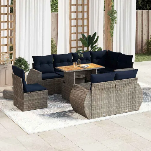 Conjunto Sofás p/ Jardim com Almofadões Vime PE Cinzento (9 pcs)