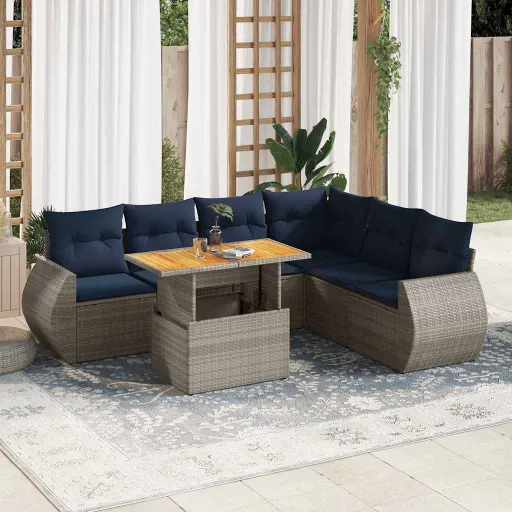 Conjunto Sofás p/ Jardim c/ Almofadões Vime PE Cinzento (7 pcs)