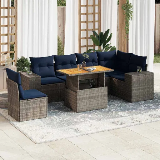 Conjunto Sofás p/ Jardim c/ Almofadões Vime PE Cinzento (7 pcs)