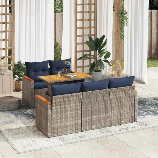 Conjunto Sofás de Jardim com Almofadões Vime Cinzento (6 pcs)
