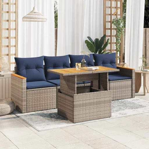 Conjunto Sofás de Jardim c/ Almofadões Vime PE Cinzento (5 pcs)