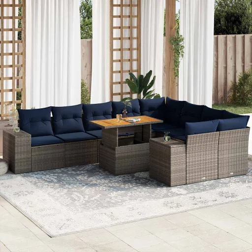 Conjunto Sofás de Jardim c/ Almofadões Vime PE Cinzento (10 pcs)