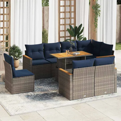 Conjunto Sofás p/ Jardim com Almofadões Vime PE Cinzento (9 pcs)
