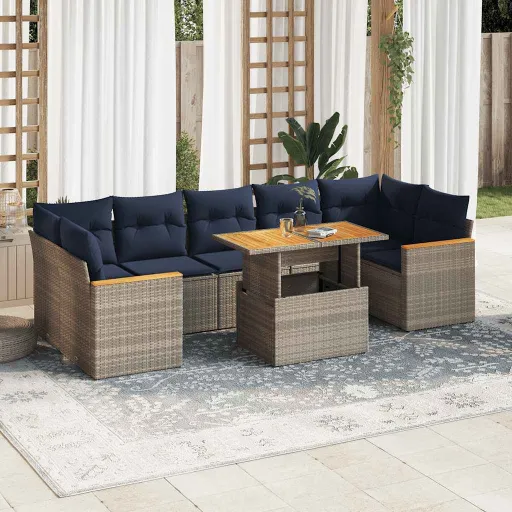 Conjunto Sofás de Jardim c/ Almofadões Vime PE Cinzento (8 pcs)
