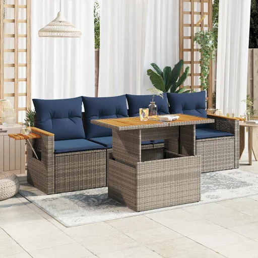 Conjunto Sofás de Jardim c/ Almofadões Vime PE Cinzento (5 pcs)
