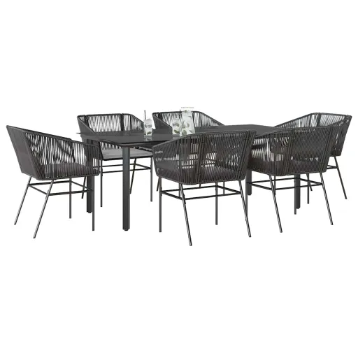 Conjunto de Jantar Jardim 7 Peças Almofadas Vidro Vime PE Preto