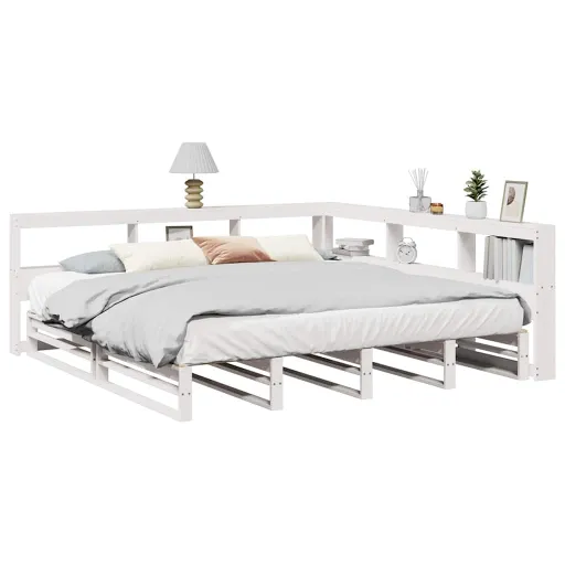 Cama com Estante Sem Colchão 200x200 cm Pinho Maciço Branco