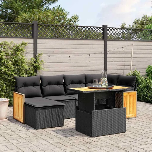 Conjunto de Sofás p/ Jardim c/ Almofadões Vime PE Preto (7 pcs)