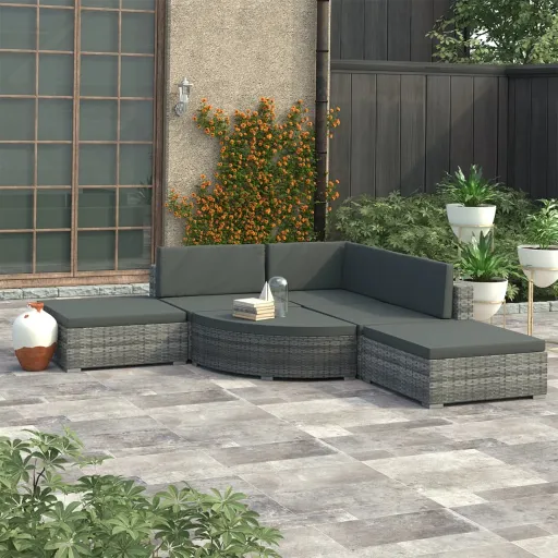 Conjunto Lounge de Jardim c/ Almofadões Vime PE Cinzento (6 pcs)