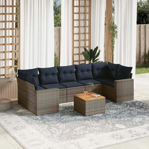 Conjunto Sofás p/ Jardim c/ Almofadões Vime PE Cinzento (8 pcs)