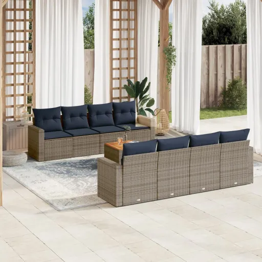 Conjunto Sofás p/ Jardim c/ Almofadões Vime PE Cinzento (9 pcs)