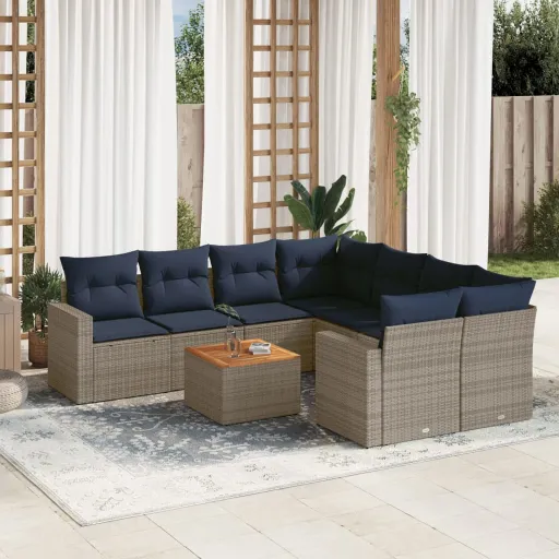 Conjunto Sofás p/ Jardim c/ Almofadões Vime PE Cinzento (9 pcs)