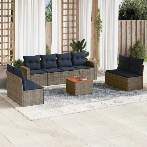 Conjunto Sofás p/ Jardim c/ Almofadões Vime PE Cinzento (9 pcs)