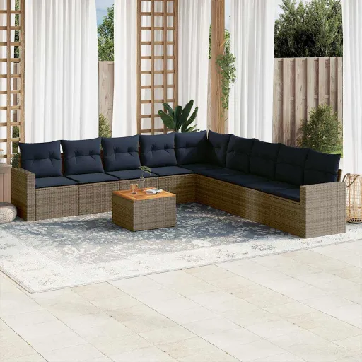 Conjunto Sofás p/ Jardim c/ Almofadões Vime PE Cinzento (10 pcs)