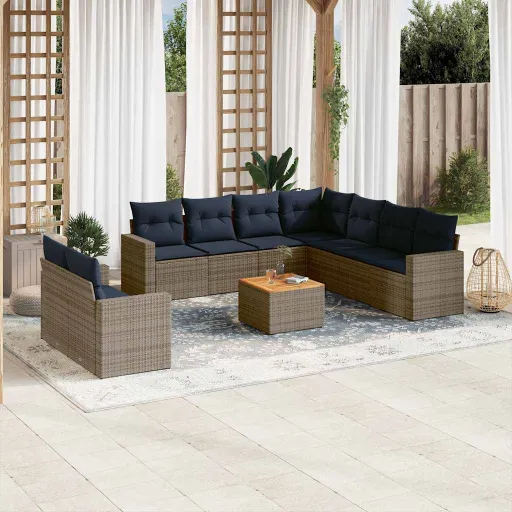 Conjunto Sofás p/ Jardim c/ Almofadões Vime PE Cinzento (10 pcs)