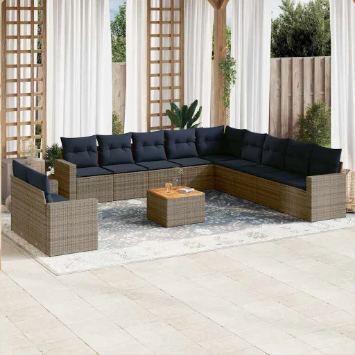 Conjunto Sofás p/ Jardim c/ Almofadões Vime PE Cinzento (12 pcs)