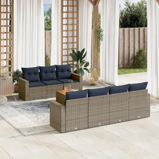 Conjunto Sofás p/ Jardim c/ Almofadões Vime PE Cinzento (8 pcs)