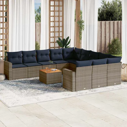 Conjunto Sofás p/ Jardim c/ Almofadões Vime PE Cinzento (12 pcs)
