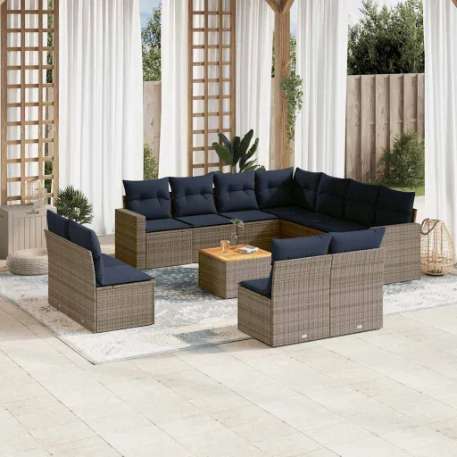 Conjunto Sofás p/ Jardim c/ Almofadões Vime PE Cinzento (12 pcs)