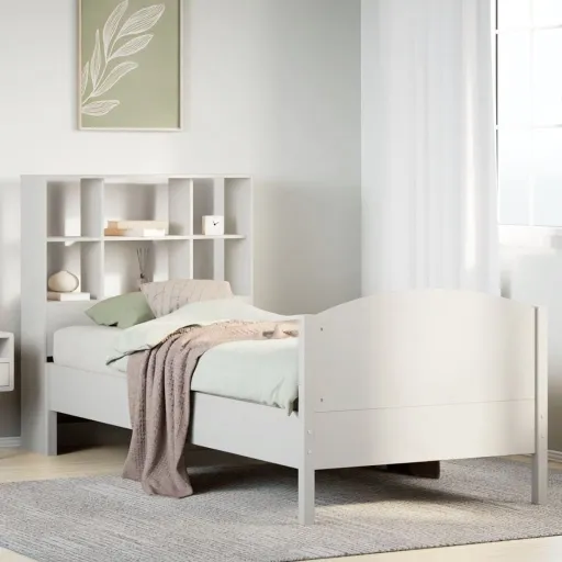 Cama com Estante Sem Colchão 90x190 cm Pinho Maciço Branco