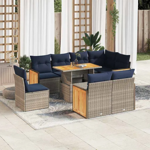 Conjunto Sofás Jardim Almofadões Vime PE/Acácia Cinzento (9 pcs)