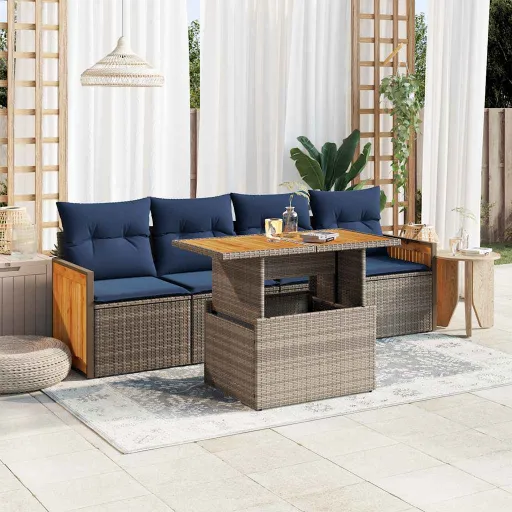 Conjunto Sofás de Jardim c/ Almofadões Acácia e Vime PE (5 pcs)
