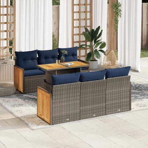 Conjunto Sofás Jardim Almofadões Vime PE/Acácia Cinzento (7 pcs)