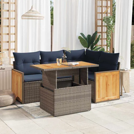 Conjunto Sofás de Jardim c/ Almofadões Acácia e Vime PE (5 pcs)