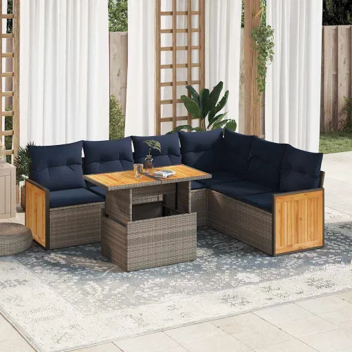 Conjunto Sofás Jardim Almofadões Vime PE/Acácia Cinzento (7 pcs)