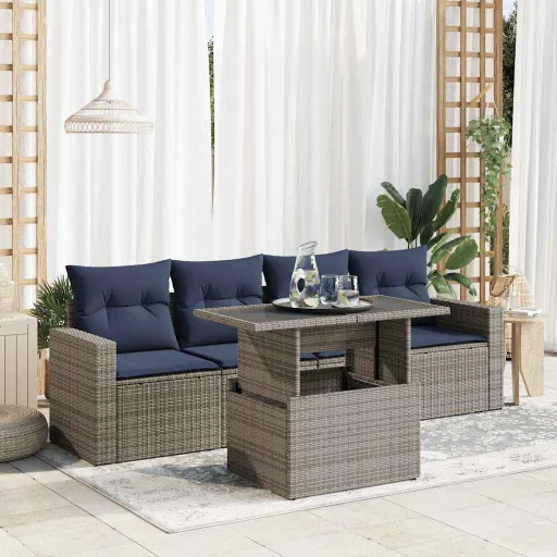Conjunto Sofás de Jardim c/ Almofadões Acácia e Vime PE (5 pcs)