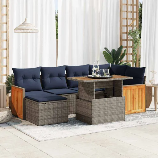 Conjunto Sofás Jardim c/ Almofadões Vime PE/Acácia Preto (7 pcs)