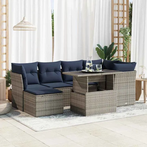 Conjunto Sofás Jardim Almofadões Vime PE/Acácia Cinzento (7 pcs)