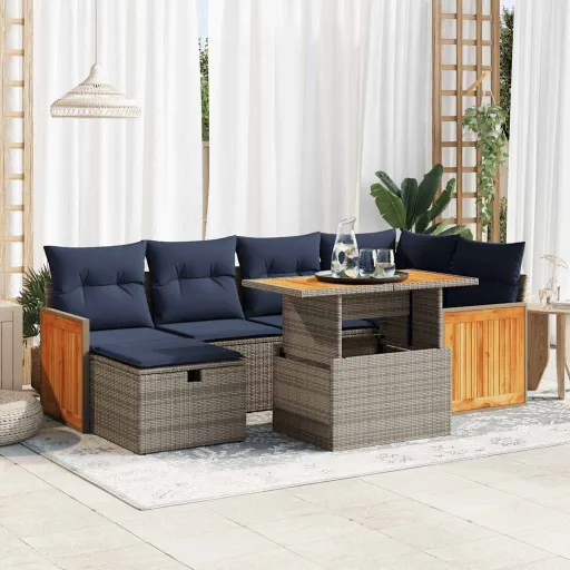 Conjunto Sofás Jardim c/ Almofadões Vime PE/Acácia Cinzento (7 pcs)