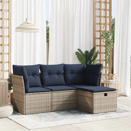Conjunto Sofás de Jardim c/ Almofadões Vime PE Cinzento (4 pcs)