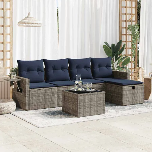 Conjunto Sofás de Jardim com Almofadões Vime Cinzento (6 pcs)